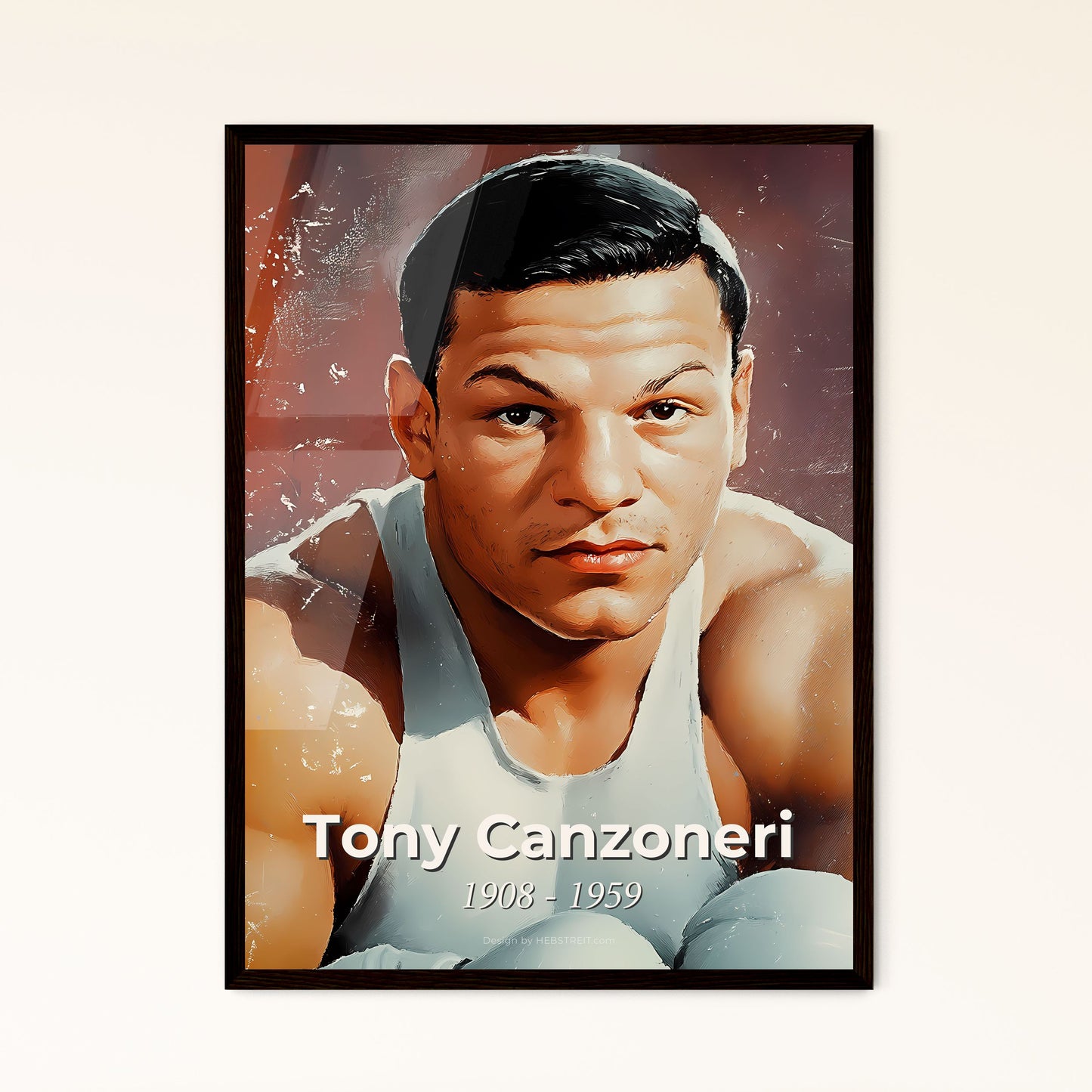 Portrait of Tony Canzoneri, 1908 - 1959. Impressionistic painting of a man in a white tank top.