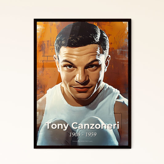 Portrait of Tony Canzoneri, 1908 - 1959. Impressionistic painting of a man wearing boxing gloves.