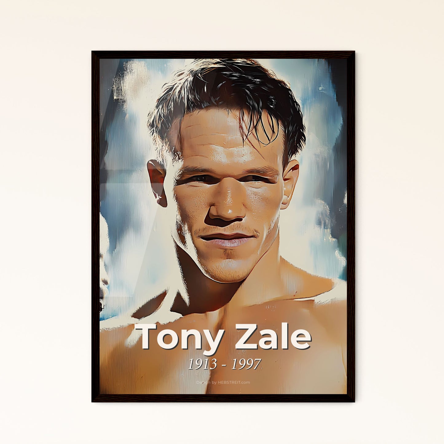 Portrait of Tony Zale, 1913 - 1997. Impressionistic painting of a man with no shirt.