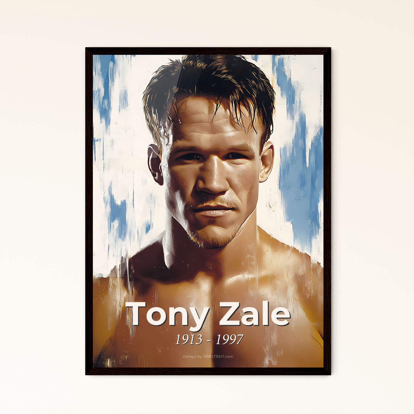 Portrait of Tony Zale, 1913 - 1997. Impressionistic painting of a man with no shirt.