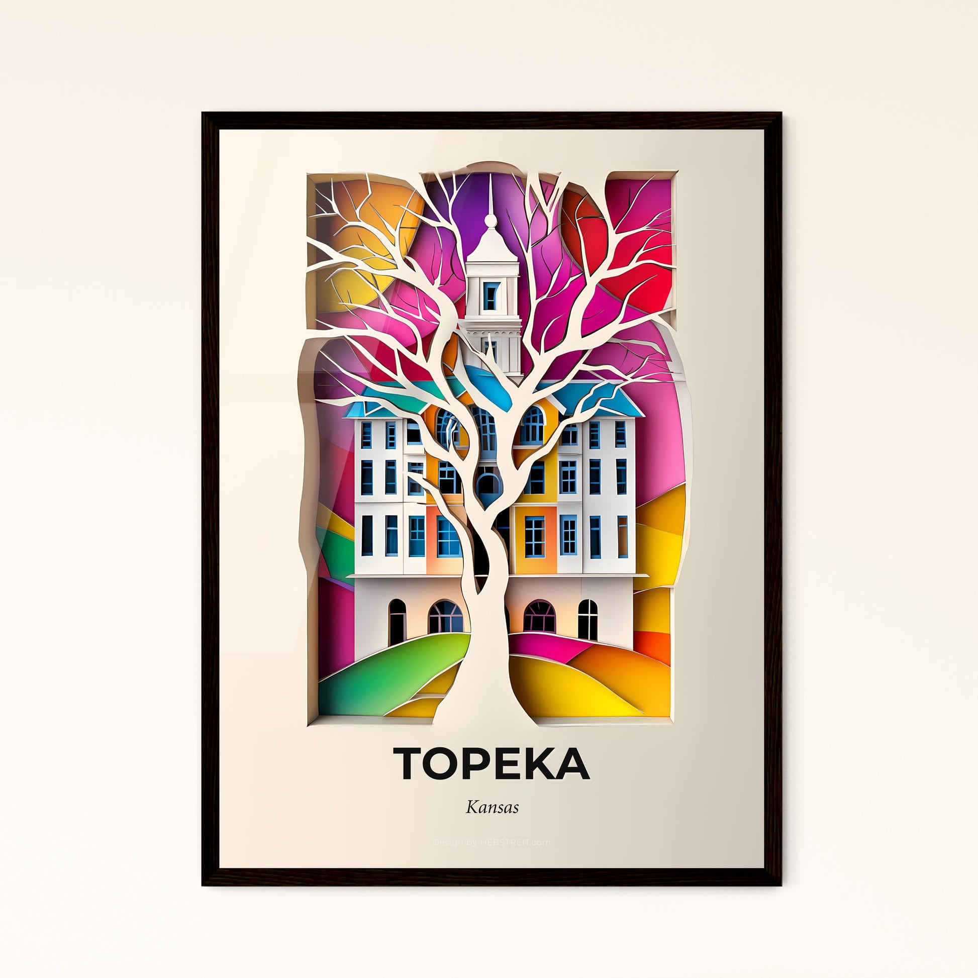 Vivid Topeka, Kansas - a paper cut of a tree with a building in the background