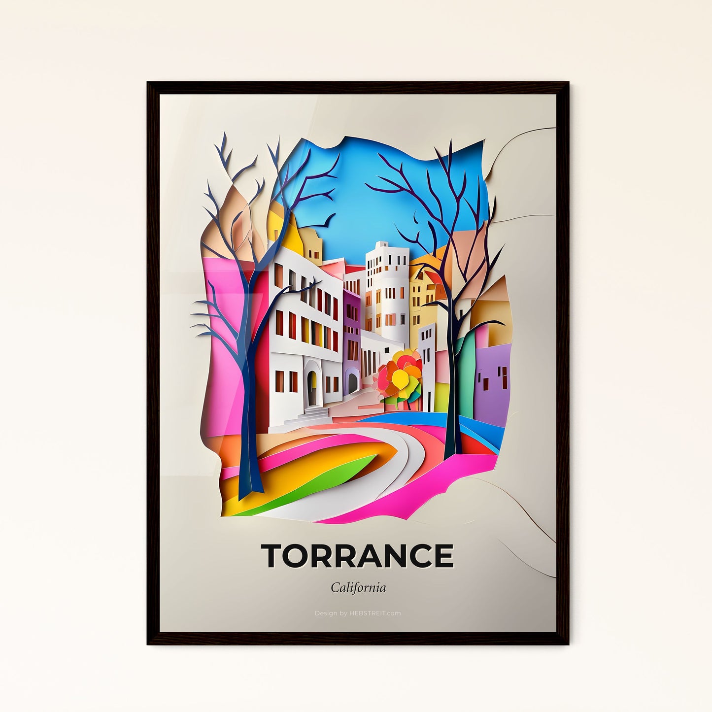 Vivid Torrance, California - a paper cut of a city with a bridge