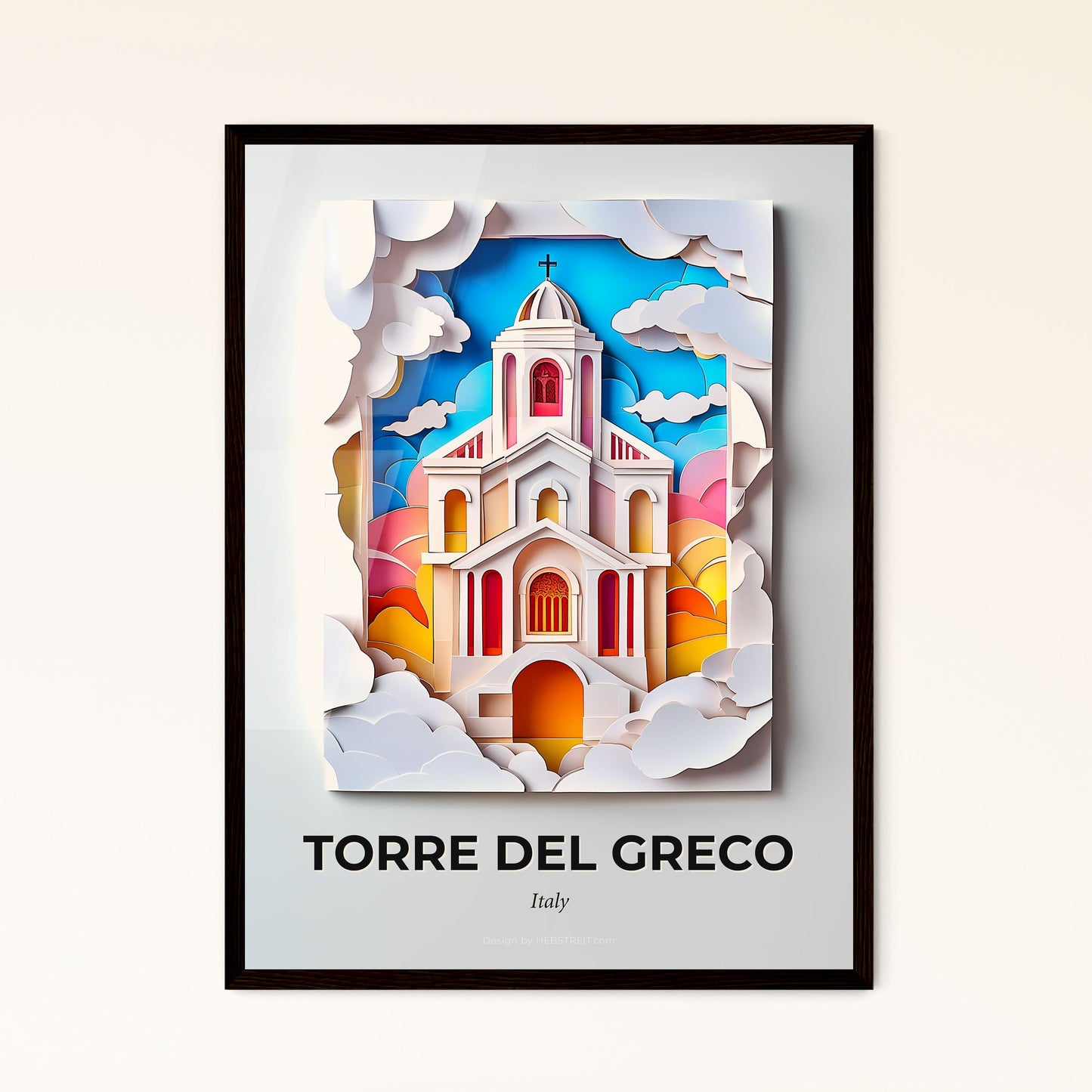 Vivid Torre del Greco, Italy - a paper cut of a church with a sky background