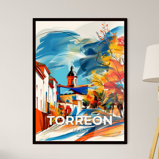 Vibrant Torreón, Mexico - A Painting Of A Street With Buildings And Trees