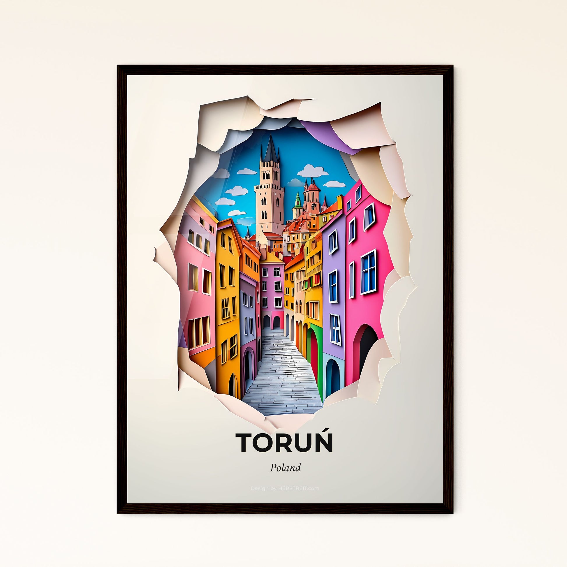 Vivid Toruń, Poland - a paper cut of a city street with a clock tower