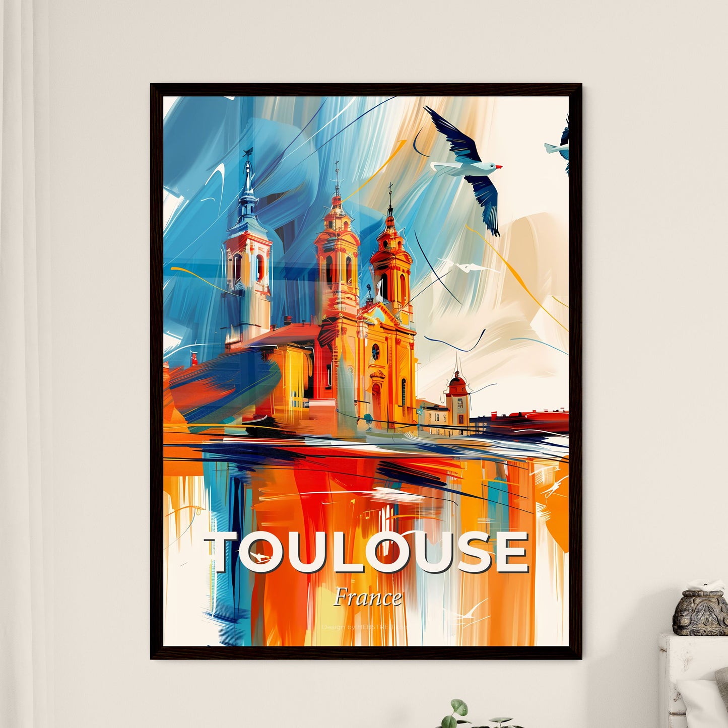 Vibrant Toulouse, France - A Painting Of A Building With Towers And Birds Flying