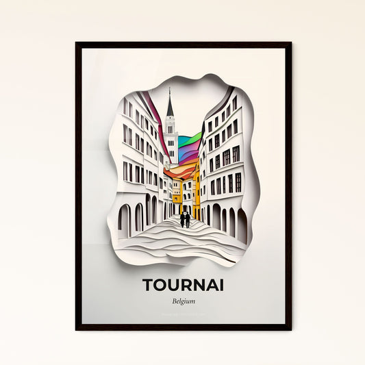 Vivid Tournai , Belgium - a paper cut of a city street with a clock