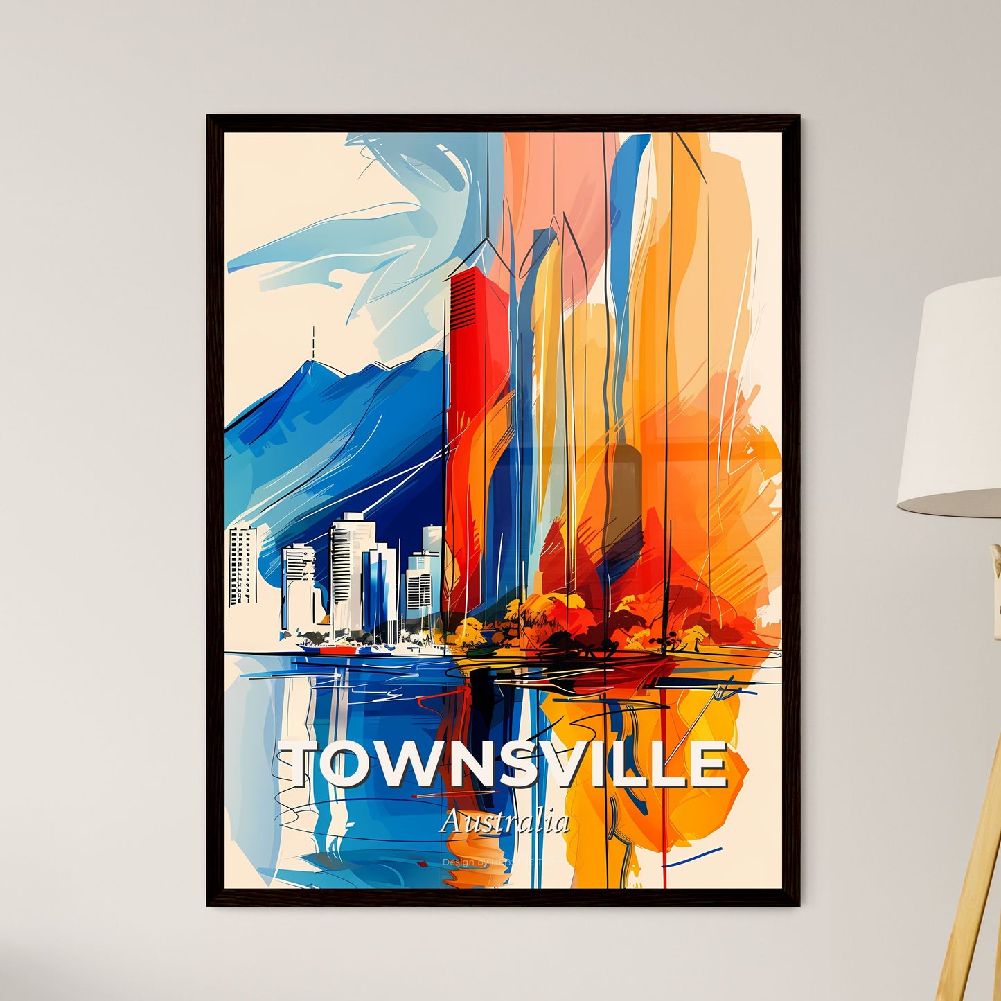 Vibrant Townsville, Australia - A Painting Of A City With Mountains And Water