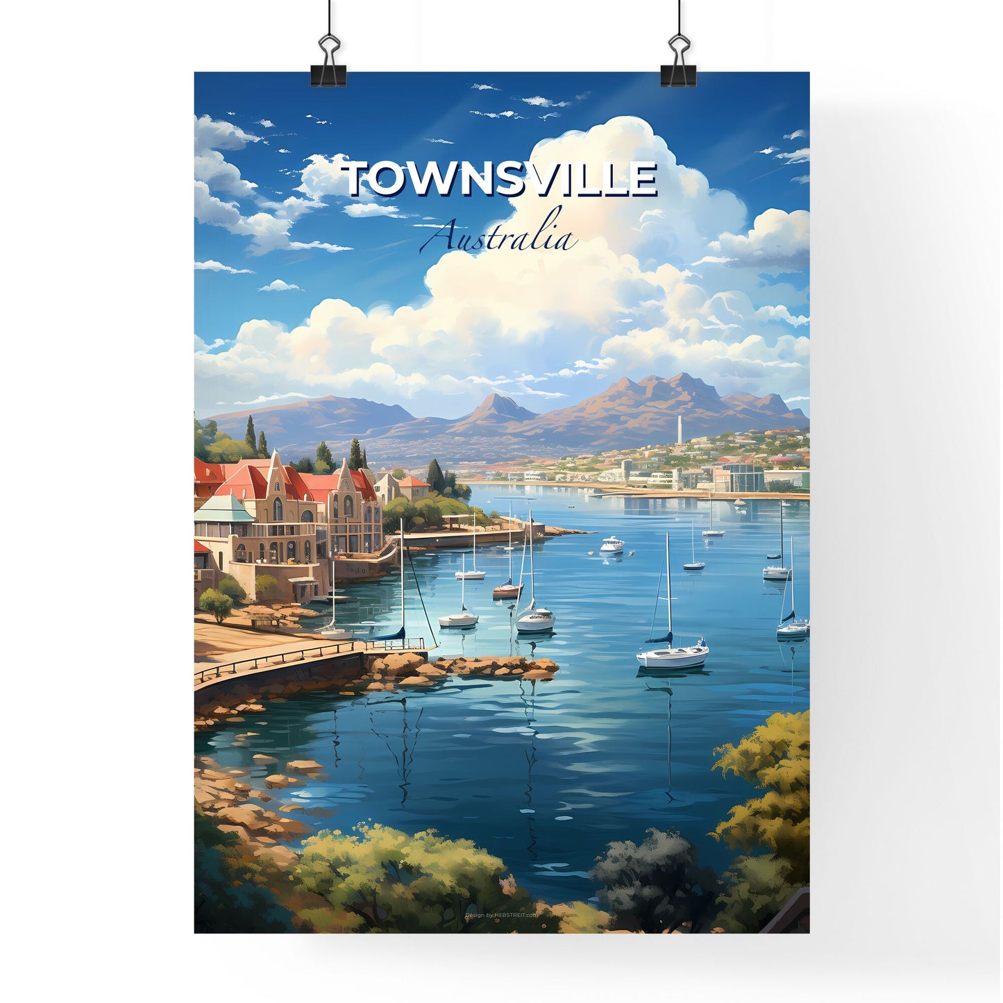 Artful Townsville Skyline: Vibrant Painting with Waterfront and Cityscape Depiction Default Title