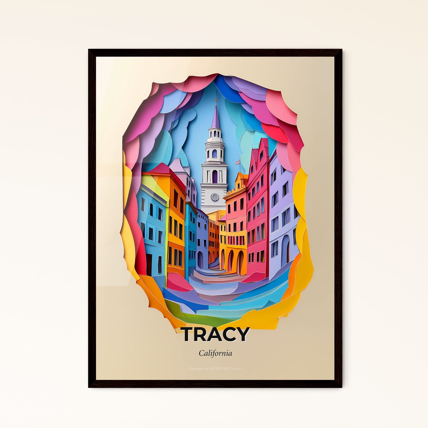 Vivid Tracy, California - a paper cut of a city with a clock tower