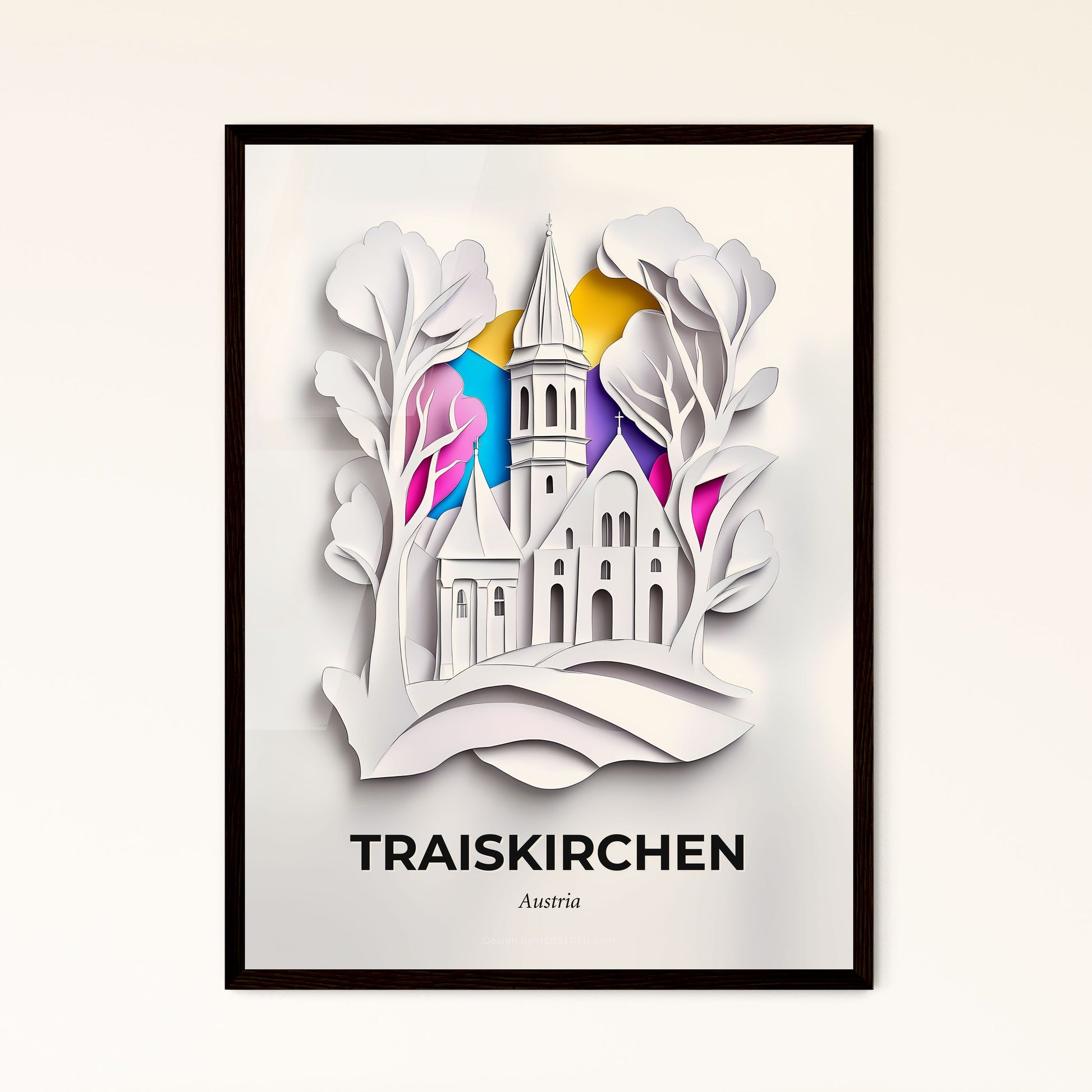 Vivid Traiskirchen, Austria - a paper cut of a church with a heart in the sky