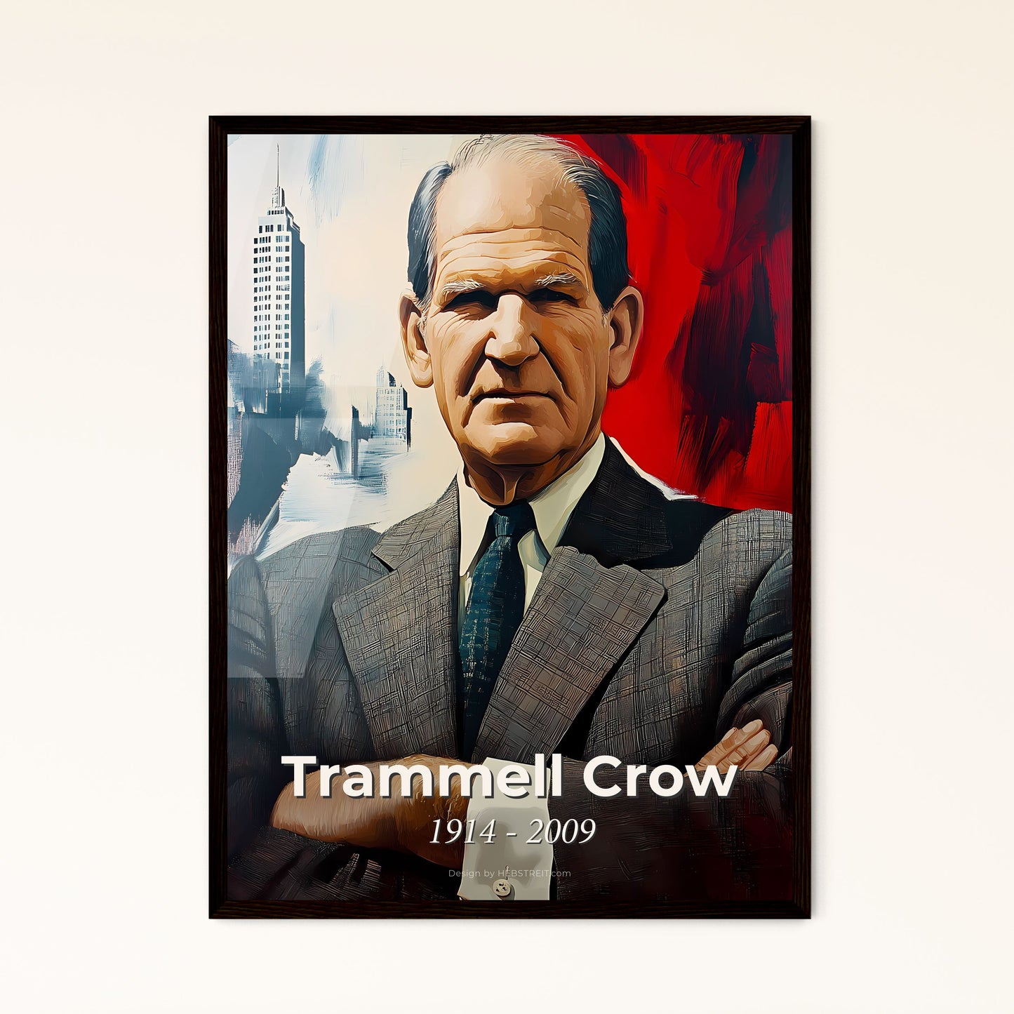 Portrait of Trammell Crow, 1914 - 2009. Impressionistic painting of a man in a suit with his arms crossed.