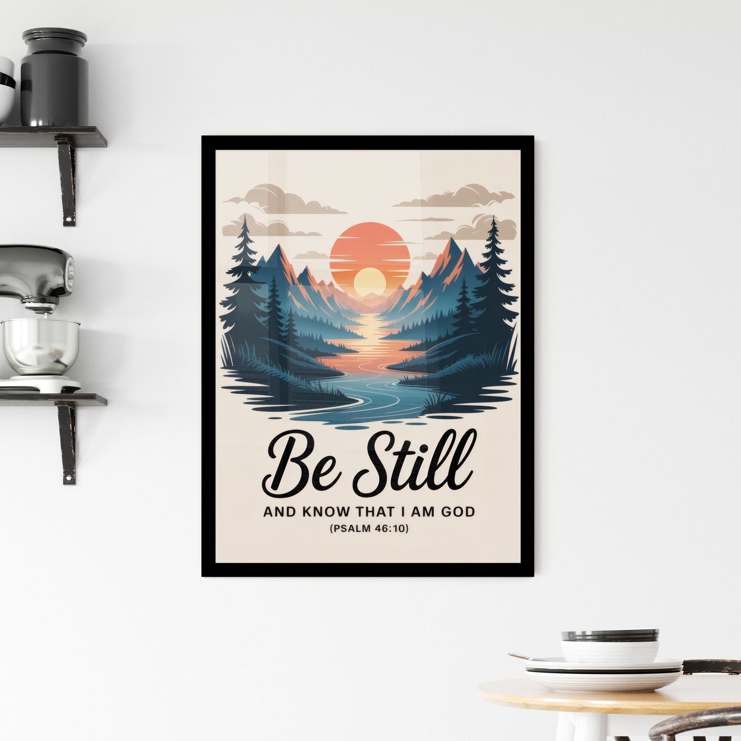 Tranquil Landscape with Inspirational Quote: 'Be Still and Know That I Am God' - Psalm 46:10 Framed Print