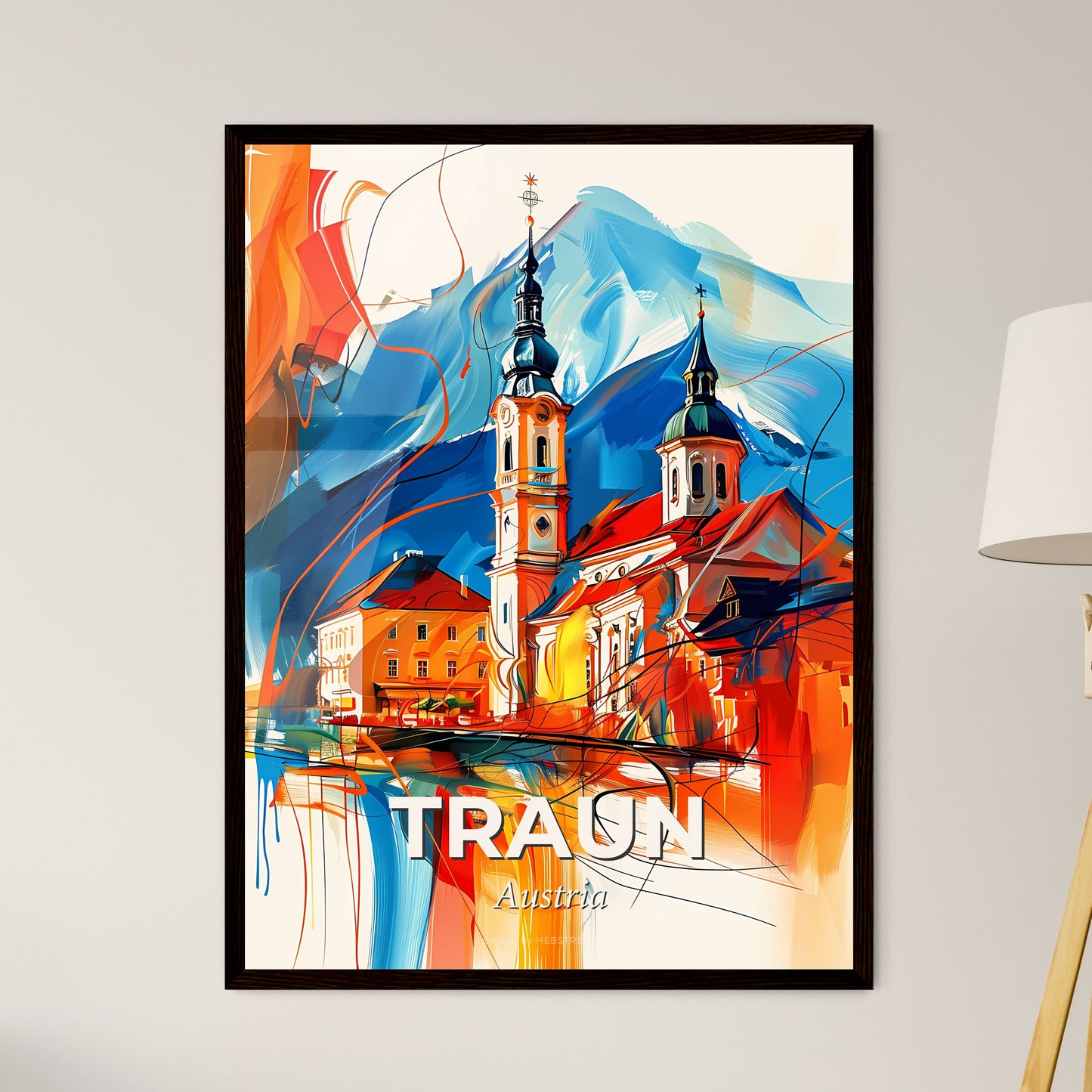 Vibrant Traun, Austria - A Painting Of A Building With A Tower