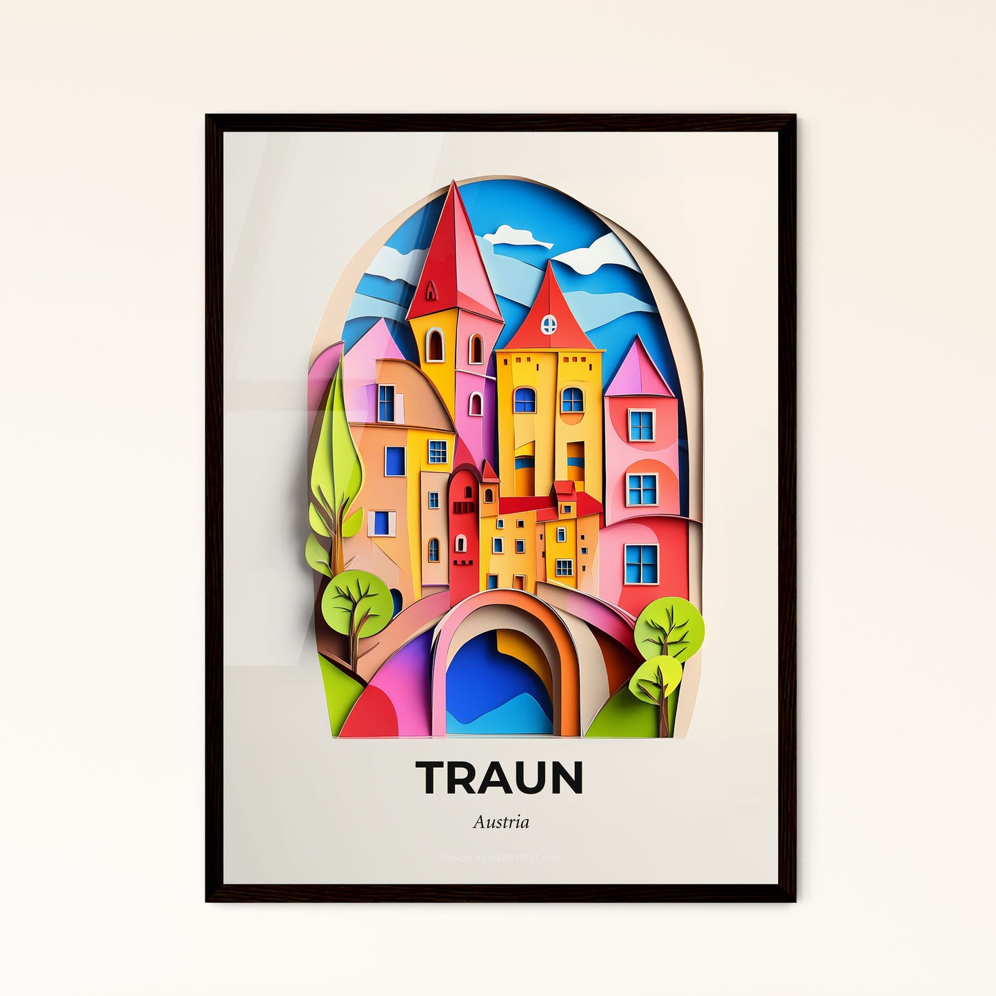 Vivid Traun, Austria - a paper cut of a colorful city with a bridge