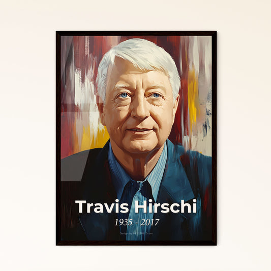 Portrait of Travis Hirschi, 1935 - 2017. Impressionistic painting of a man in a suit.