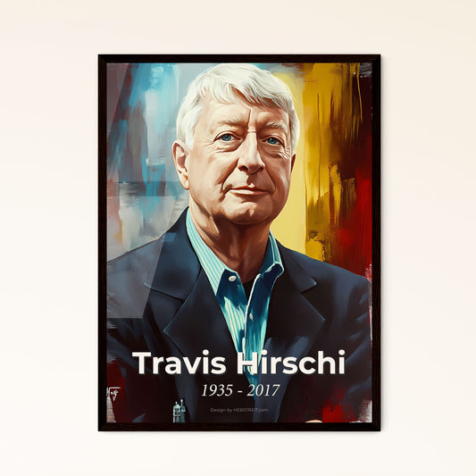 Portrait of Travis Hirschi, 1935 - 2017. Impressionistic painting of a man in a suit.