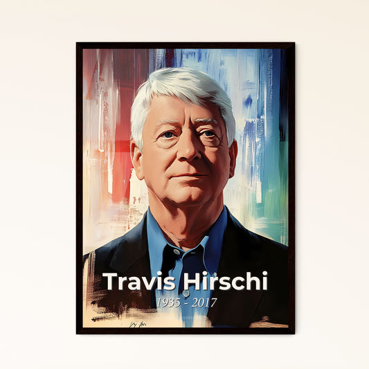 Portrait of Travis Hirschi, 1935 - 2017. Impressionistic painting of a man in a suit.