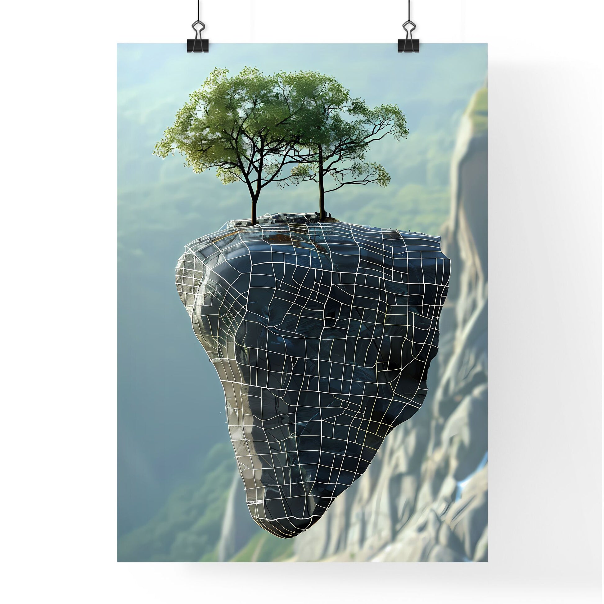 Enchanting Painting: Majestic Tree Thriving on Rocky Pinnacle Default Title