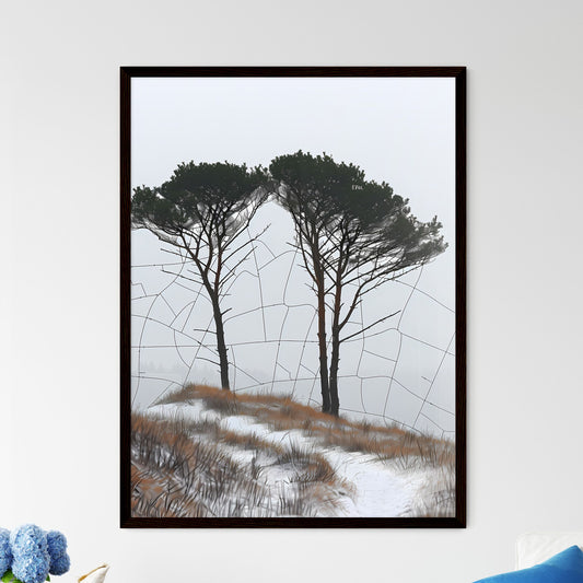 Vibrant Artistic Painting: Hilltop Trees Adorned with Delicate Spider Web, Nature and Art Intertwined Default Title