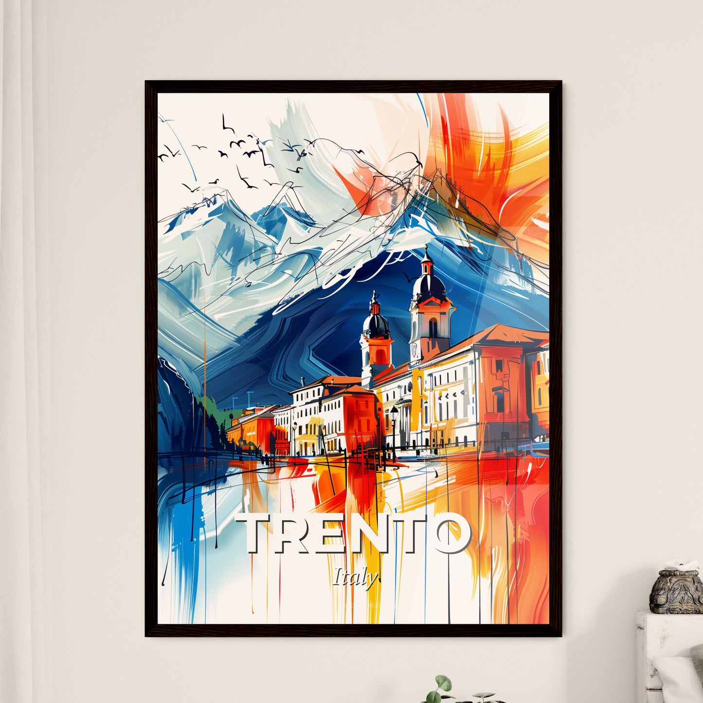 Vibrant Trento, Italy - A Painting Of A Town With Mountains In The Background