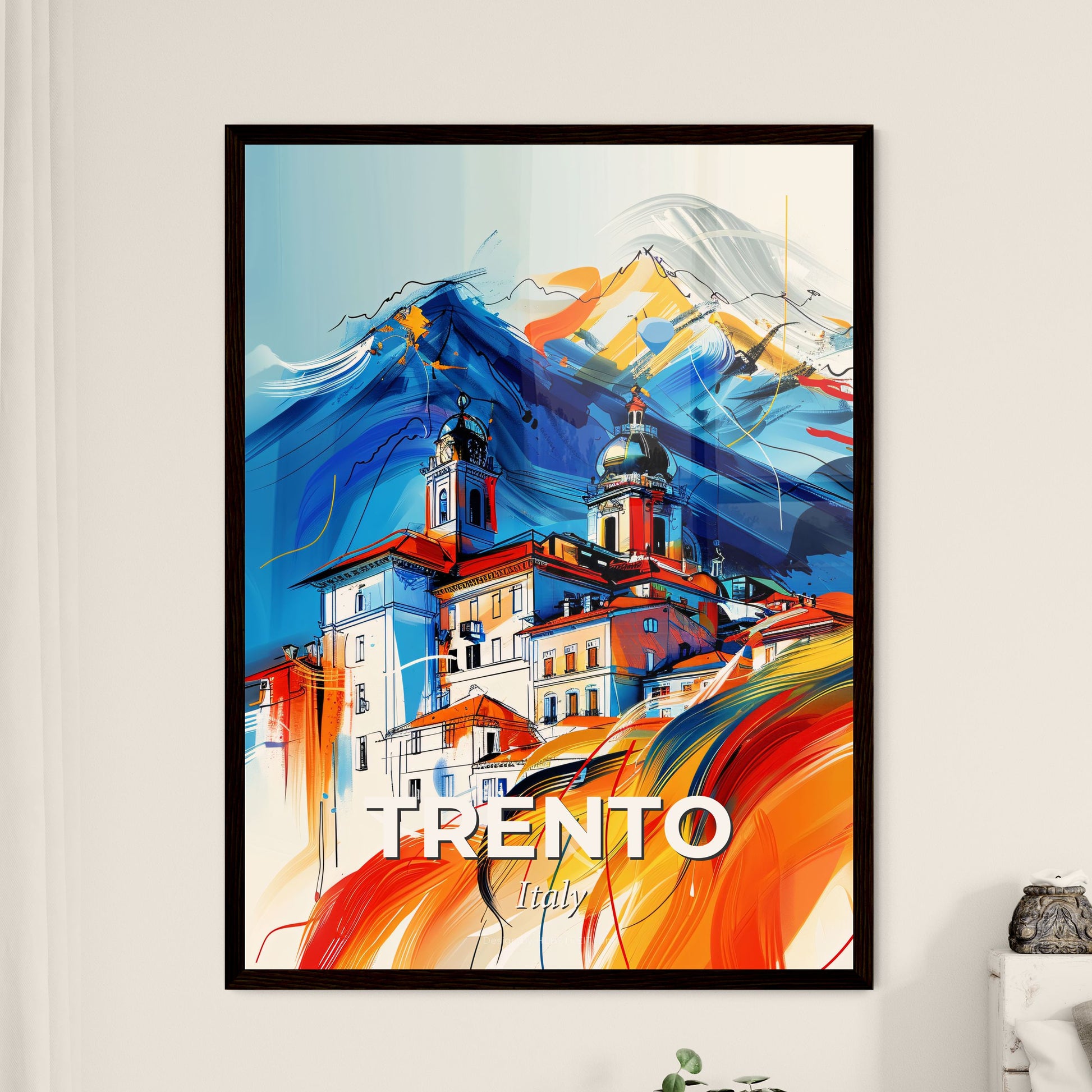 Vibrant Trento, Italy - A Painting Of A Building With Mountains In The Background