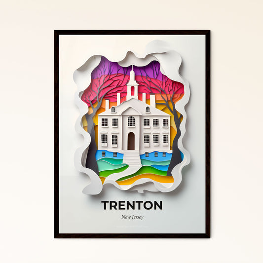 Vivid Trenton, New Jersey - a paper cut of a church with a rainbow sky