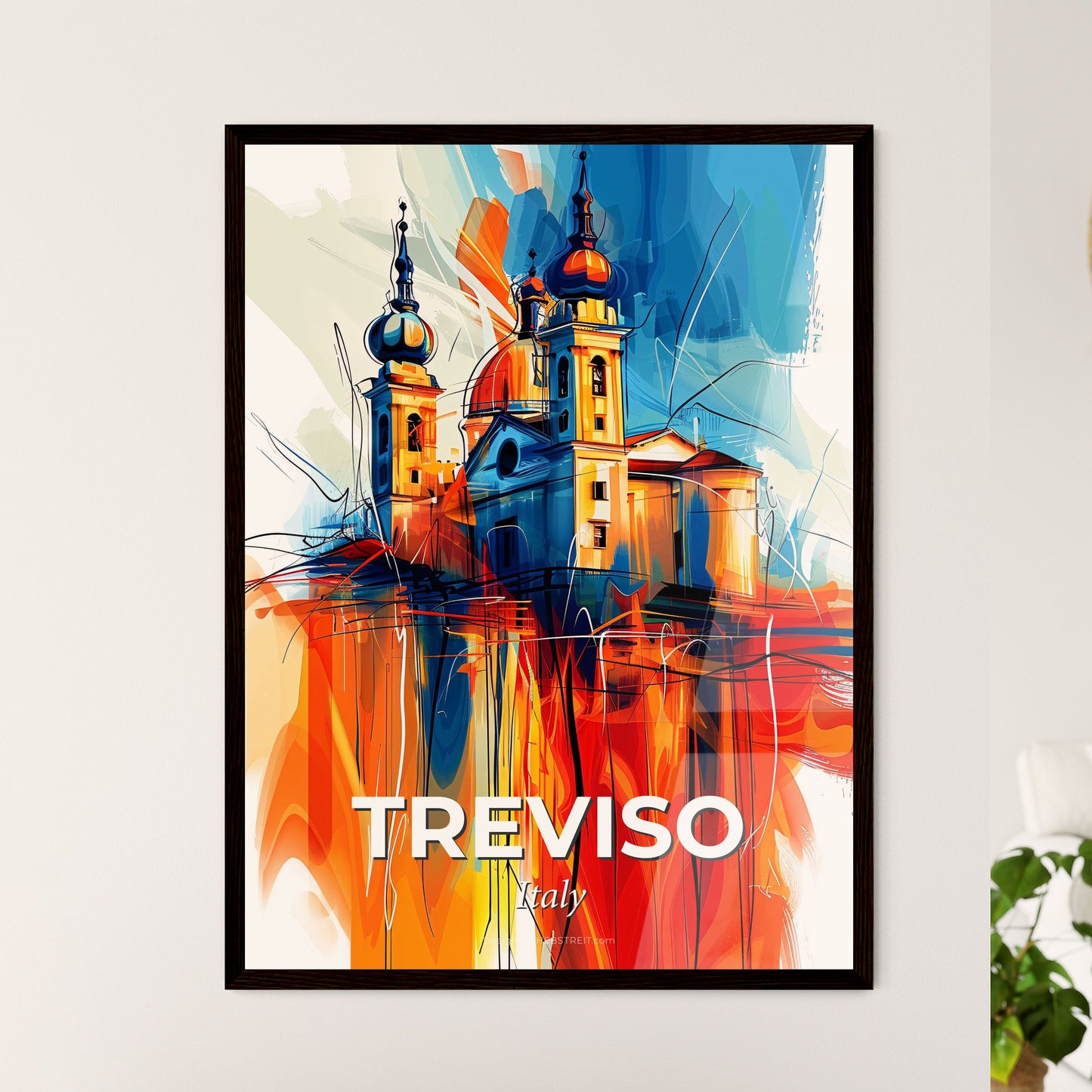 Vibrant Treviso, Italy - A Painting Of A Building With A Colorful Background