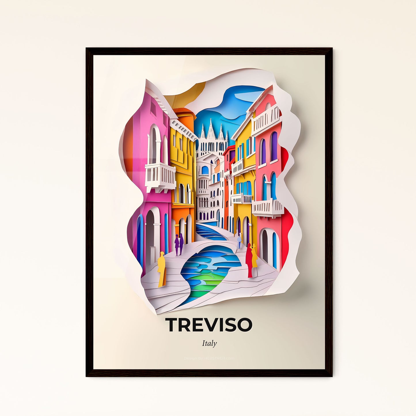 Vivid Treviso, Italy - a paper cut of a colorful city with a bridge