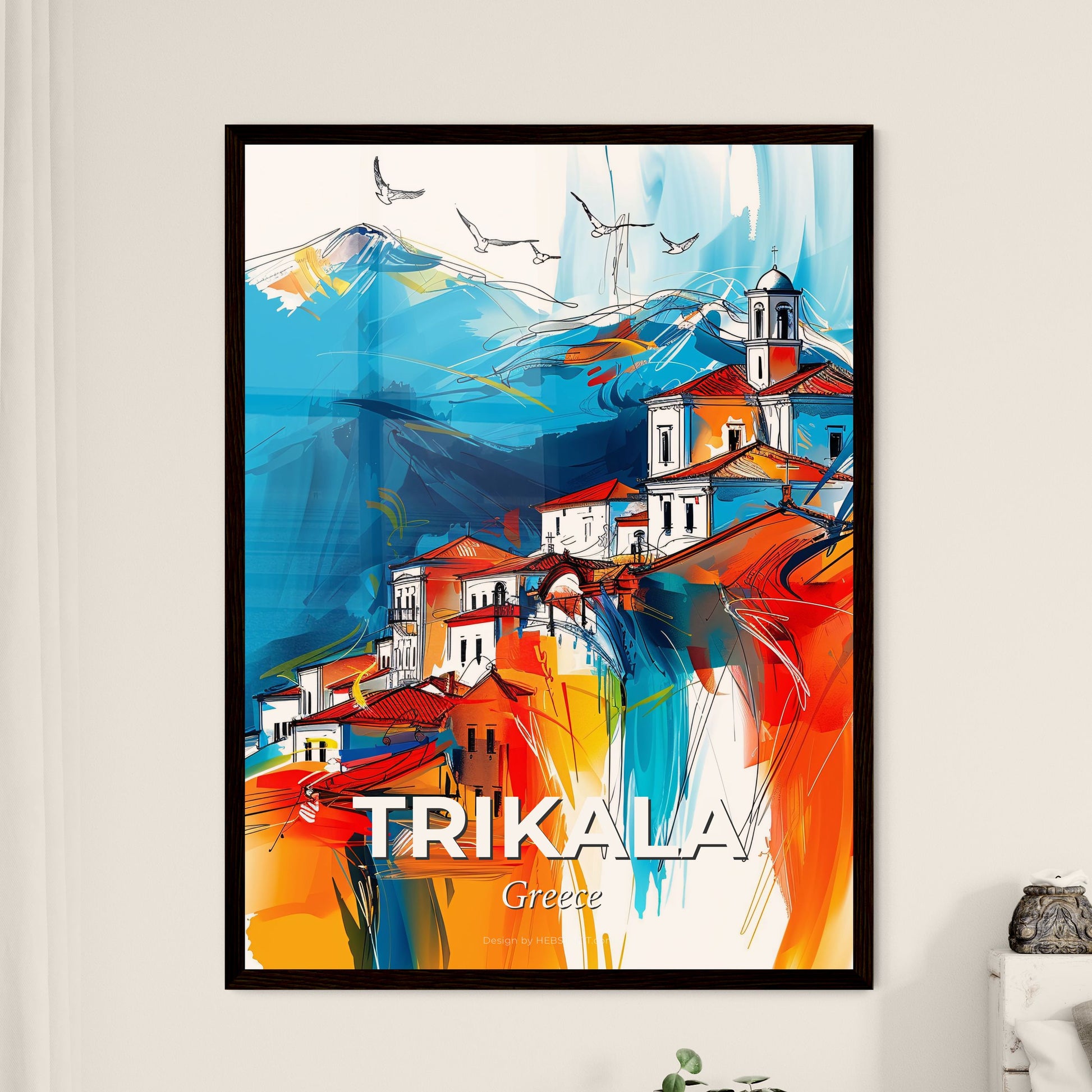 Vibrant Trikala, Greece - A Painting Of A Town On A Hill