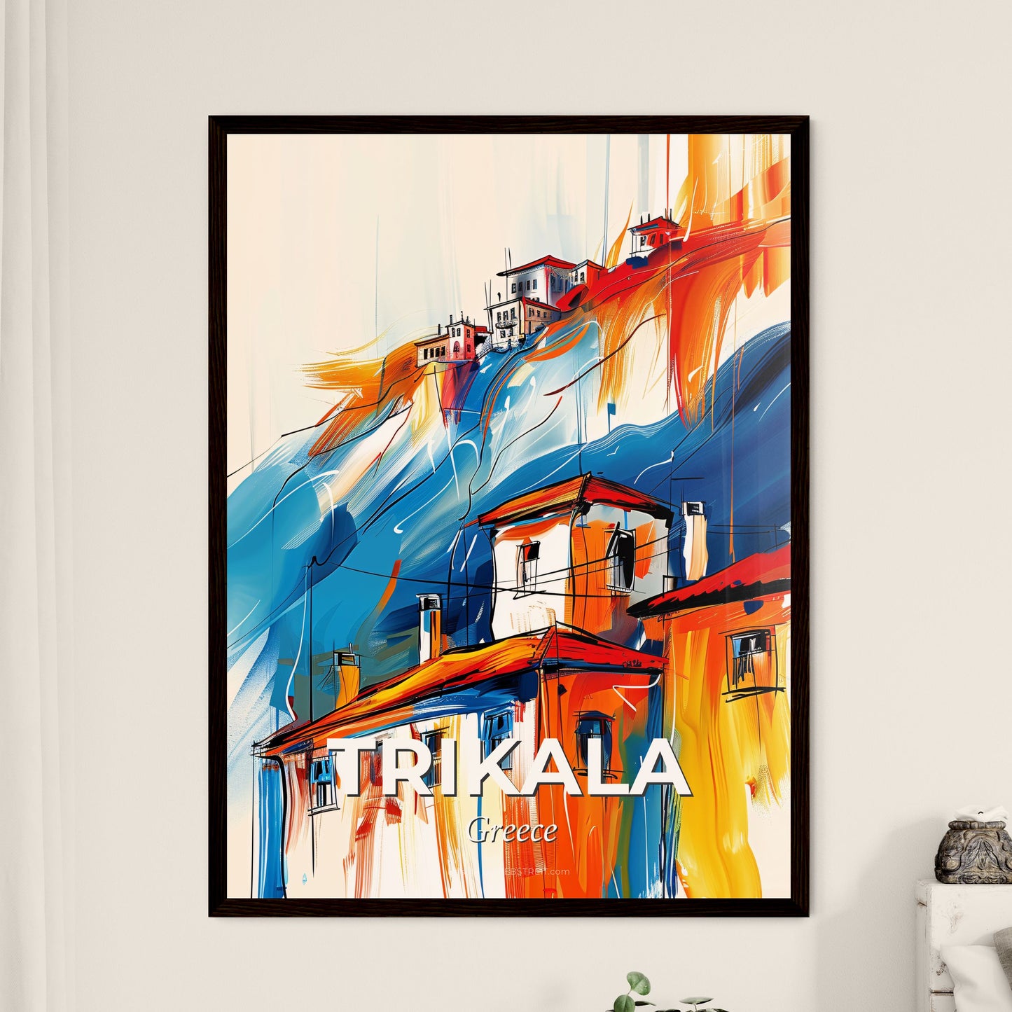 Vibrant Trikala, Greece - A Painting Of Buildings On A Hill