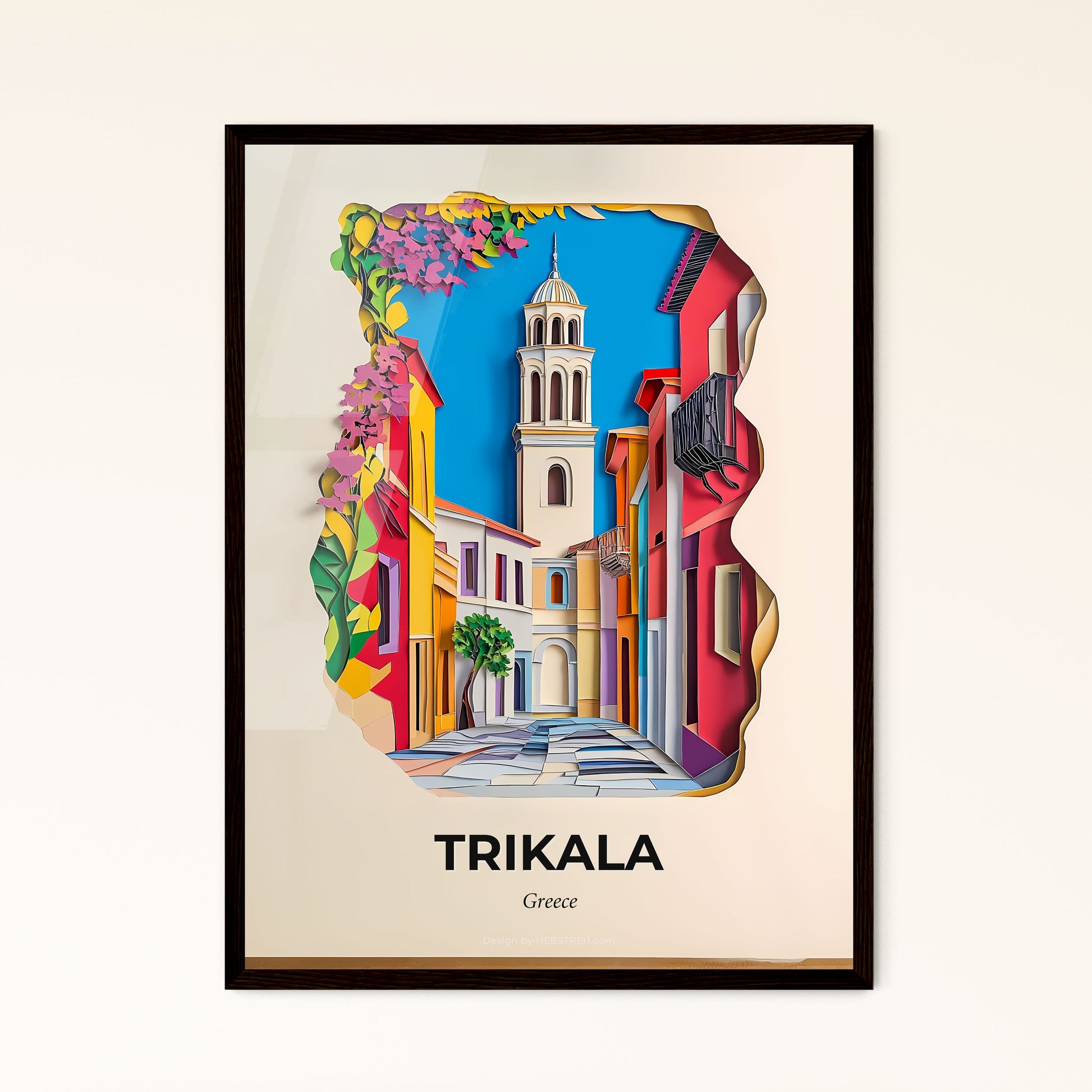 Vivid Trikala, Greece - a paper cut of a church tower with a clock