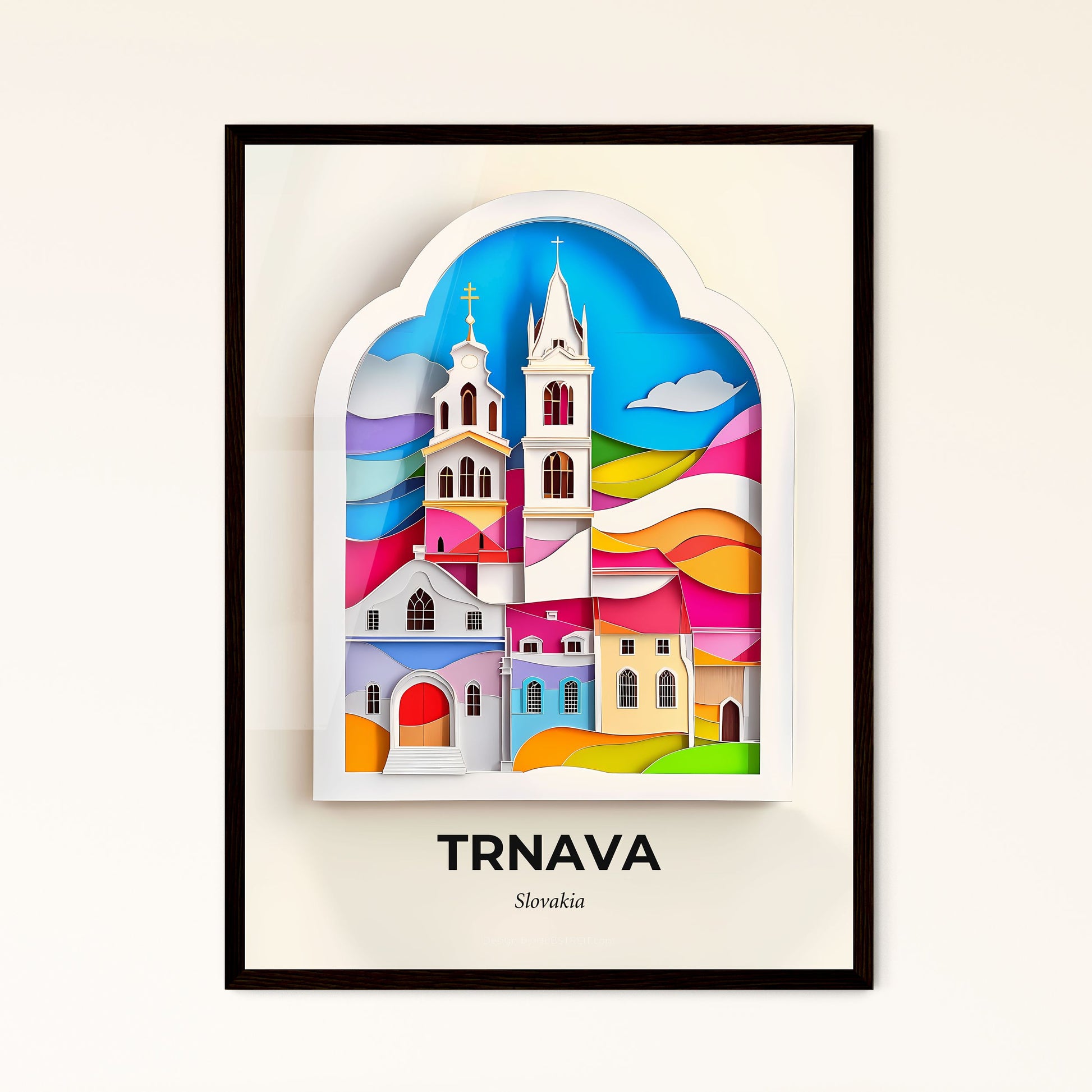 Vivid Trnava, Slovakia - a paper cut of a church with a rainbow sky