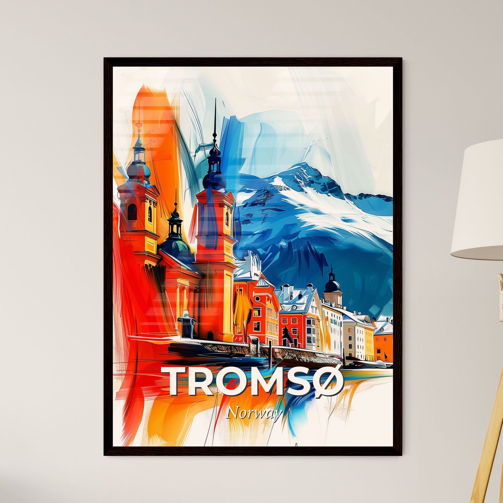 Vibrant Tromsø, Norway - A Colorful Painting Of Buildings And Mountains