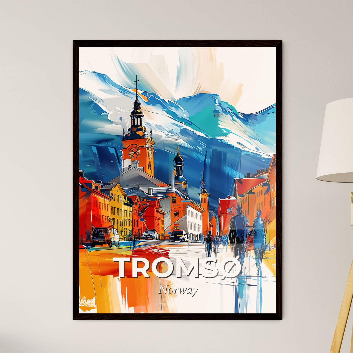 Vibrant Tromsø, Norway - A Painting Of A Town With A Mountain In The Background