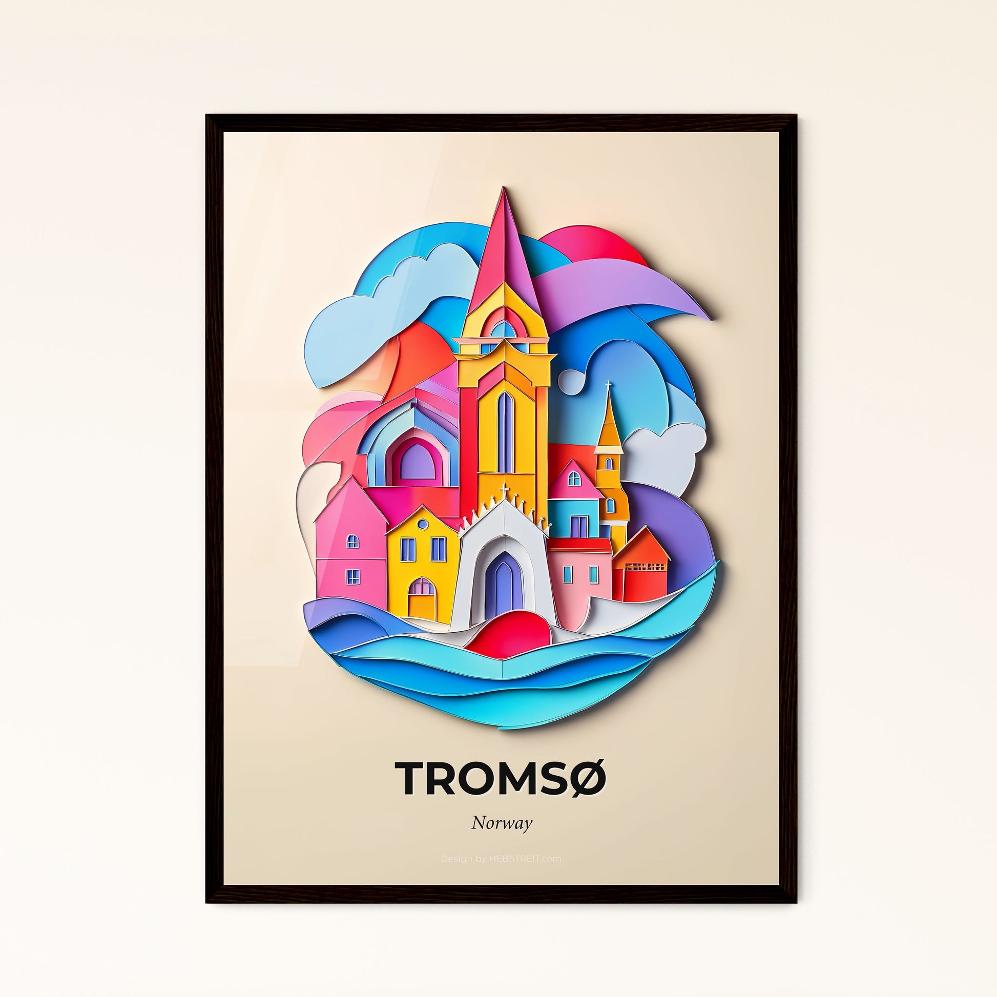 Vivid Tromsø, Norway - a paper cut of a church and a rainbow colored sky