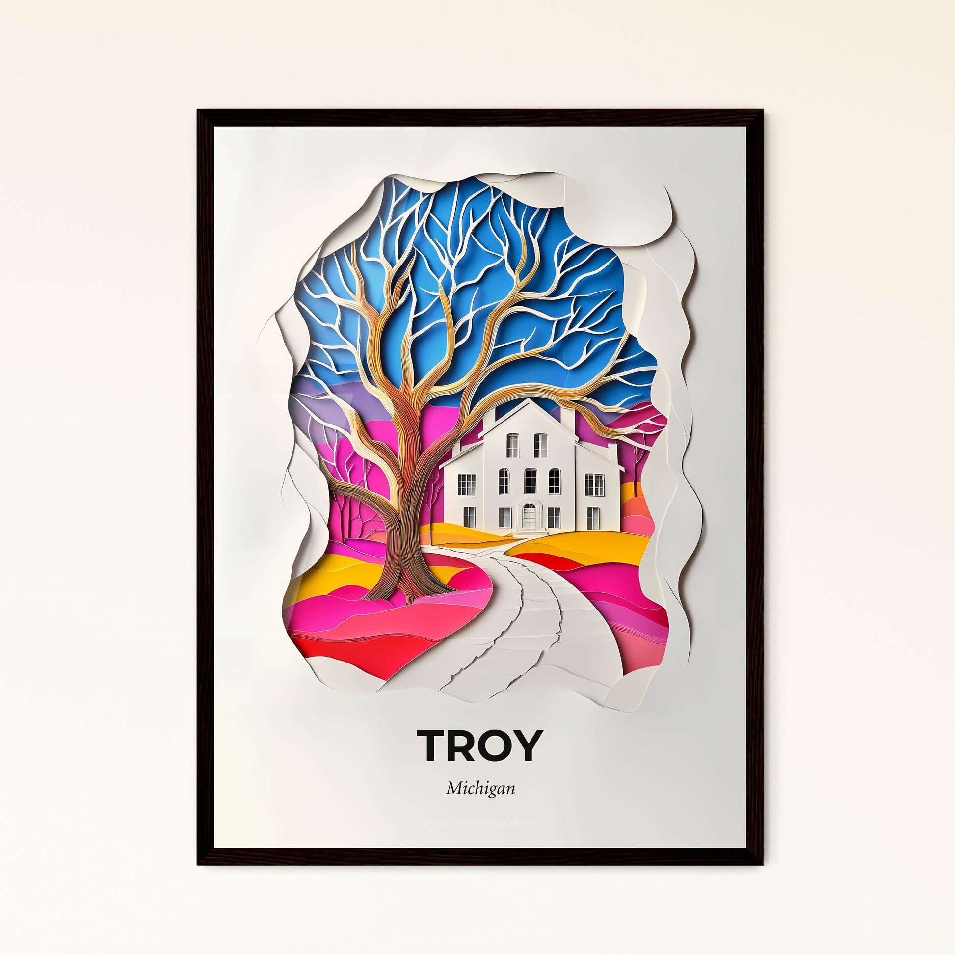 Vivid Troy, Michigan - a paper cut of a house and a tree