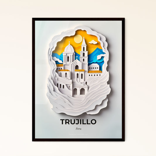 Vivid Trujillo, Peru - a paper cut of a church with a mountain in the background