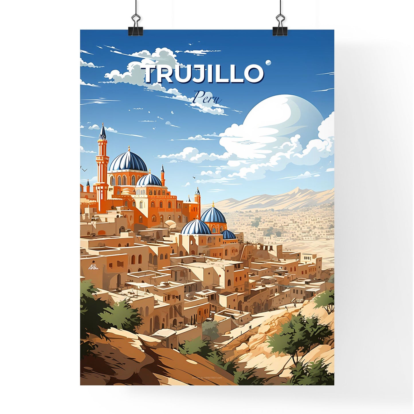 Vibrant Painting of Trujillo Peru City Skyline with Buildings and Towers Default Title