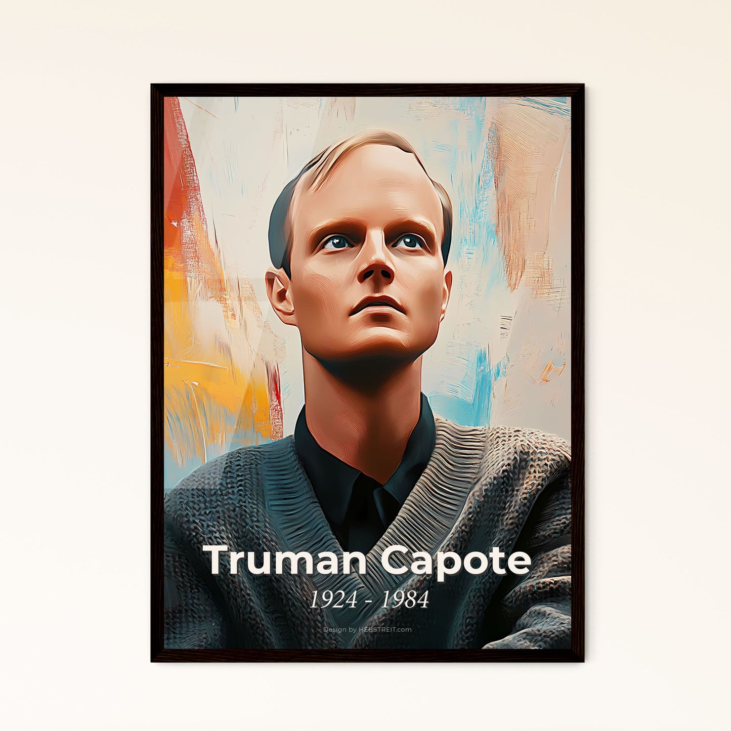 Portrait of Truman Capote, 1924 - 1984. Impressionistic painting of a man in a sweater.