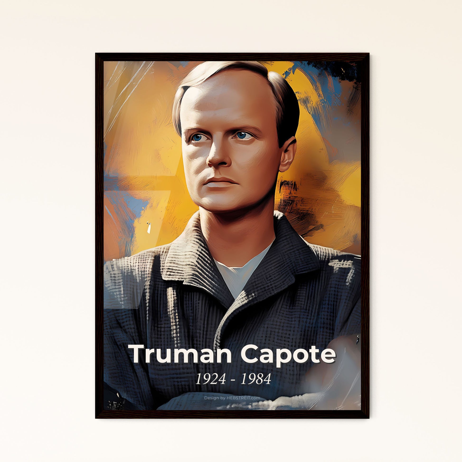 Portrait of Truman Capote, 1924 - 1984. Impressionistic painting of a man with his arms crossed.