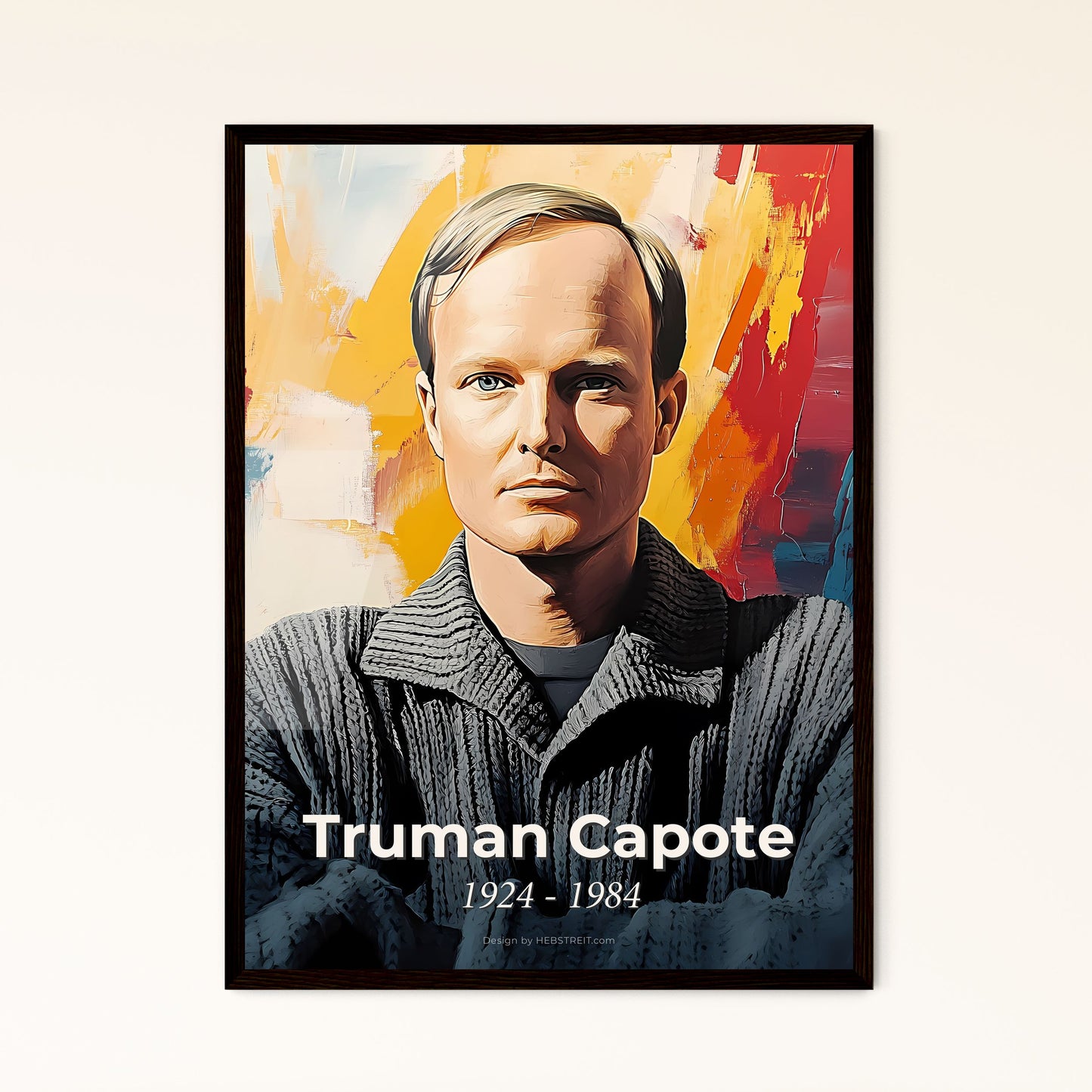 Portrait of Truman Capote, 1924 - 1984. Impressionistic painting of a man with his arms crossed.