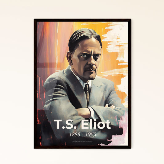 Portrait of T.S. Eliot, 1888 - 1965. Impressionistic painting of a man with his arms crossed.