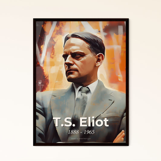 Portrait of T.S. Eliot, 1888 - 1965. Impressionistic painting of a man in a suit with his arms crossed.