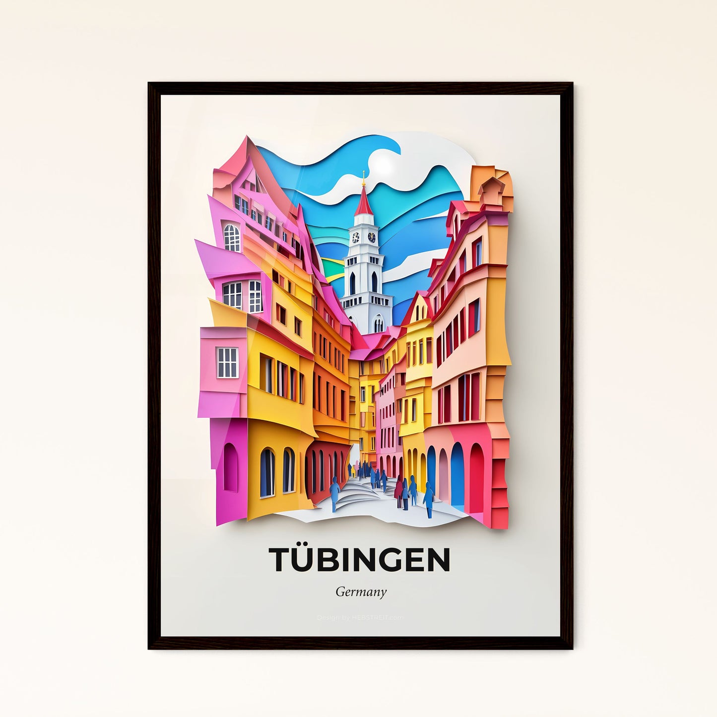 Vivid Tubingen, Germany - a paper cut of a city street with a clock tower