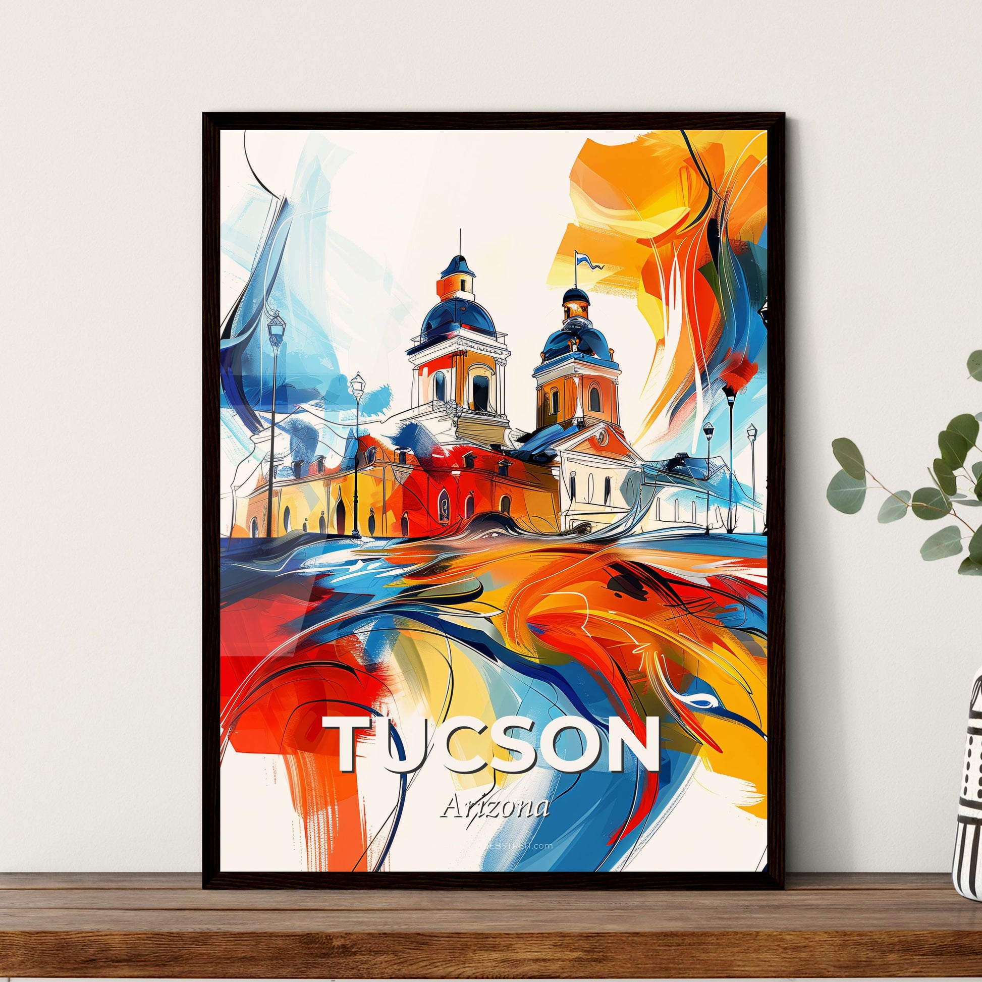 Vibrant Tucson, Arizona - A Painting Of A Building With A Colorful Background