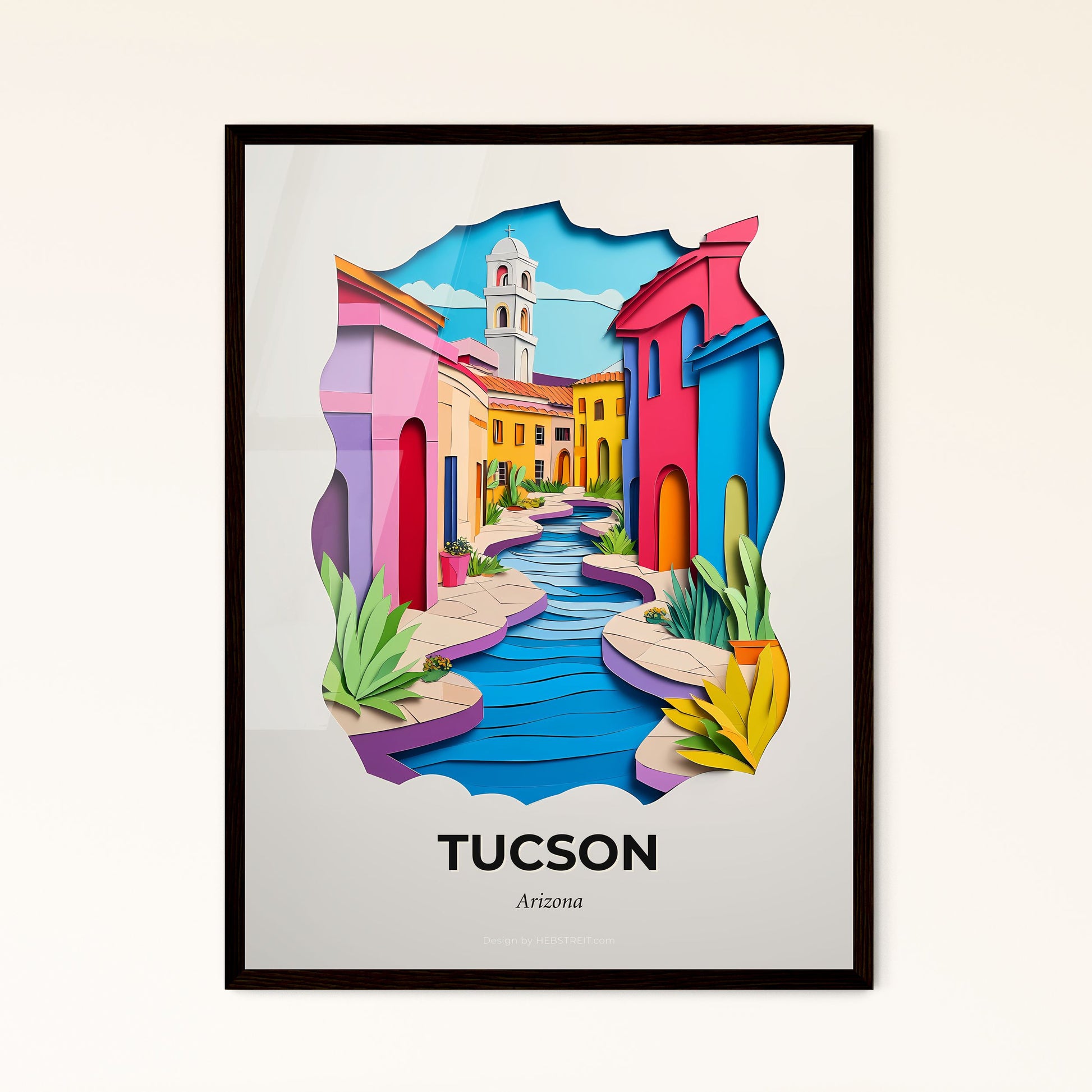 Vivid Tucson, Arizona - a paper cut of a colorful town with a river