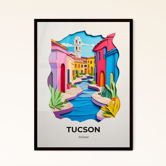 Vivid Tucson, Arizona - a paper cut of a colorful town with a river