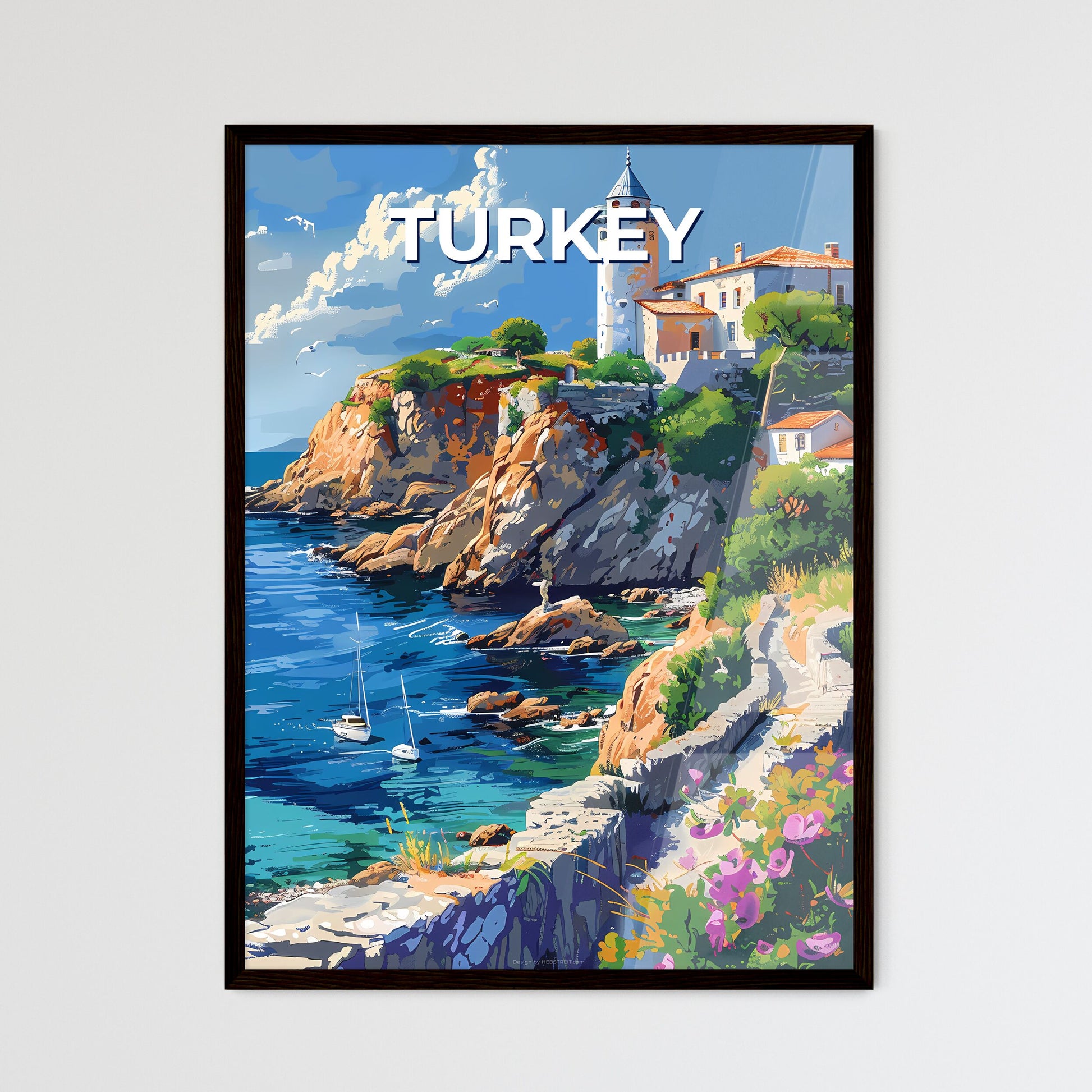 Vibrant Painting of a Coastal House Perched on a Cliff by the Water, Turkey, Europe