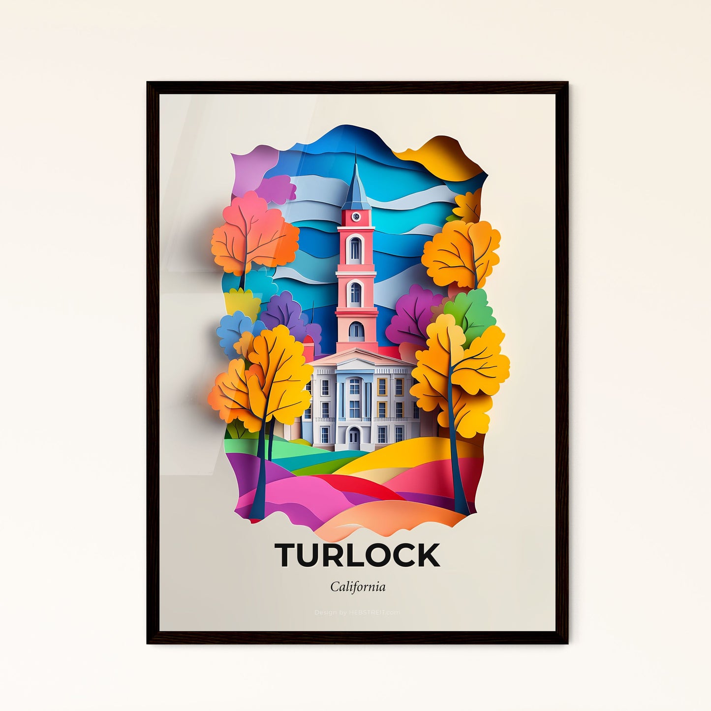 Vivid Turlock, California - a paper cut of a church with trees in the foreground